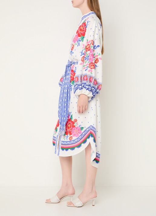Farm Rio Midi blousejurk in linnenblend met bloemenprint - voorkant 3 gebroken wit