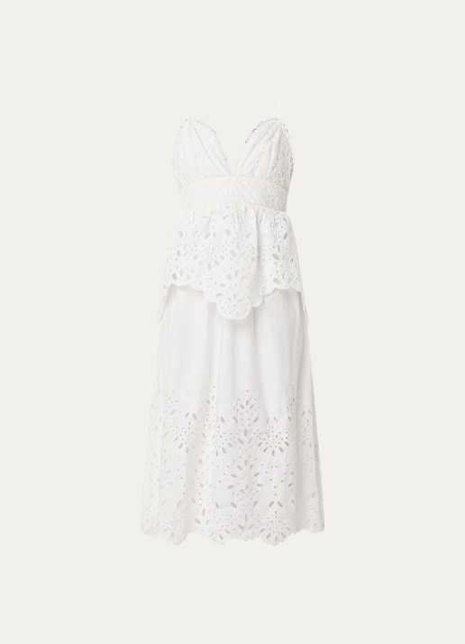 Farm Rio Midi jurk met broderie en volant - voorkant wit