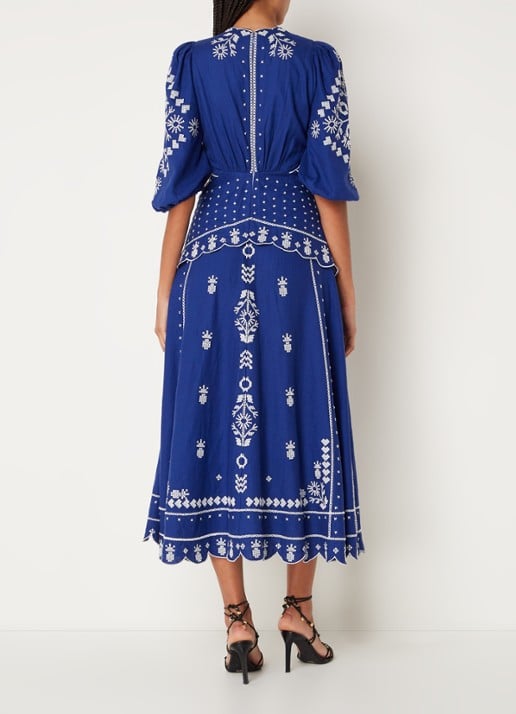 Farm Rio Midi jurk met cut-out detail en bloemborduring - achterkant 3 royalblauw