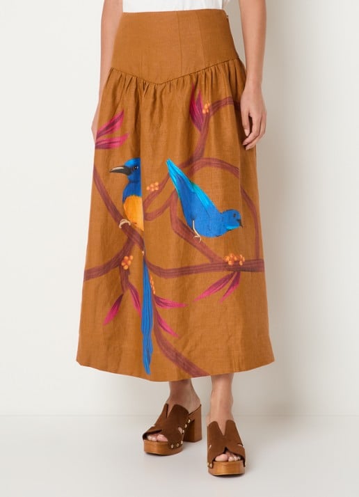 Farm Rio Midi rok van linnen met print en smockwerk