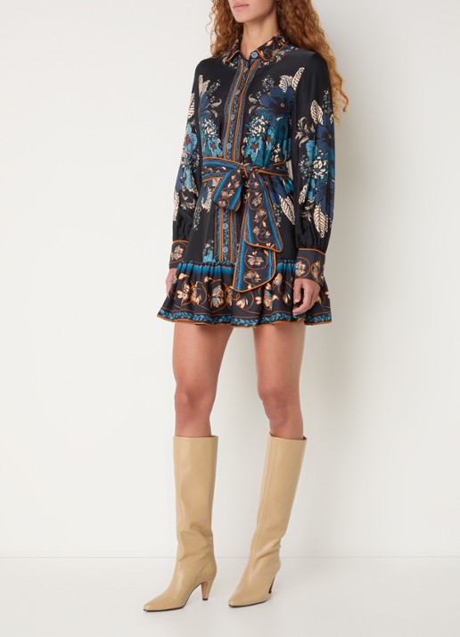 Farm Rio Mini blousejurk met bloemenprint en strikceintuur - voorkant 5 donkerblauw