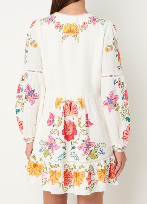 Farm Rio Mini tuniekjurk in linnenblend met bloemenprint en ballonmouw - achterkant creme