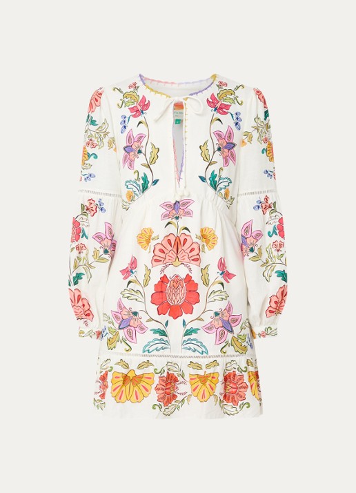 Farm Rio Mini tuniekjurk in linnenblend met bloemenprint en ballonmouw - voorkant 2 creme