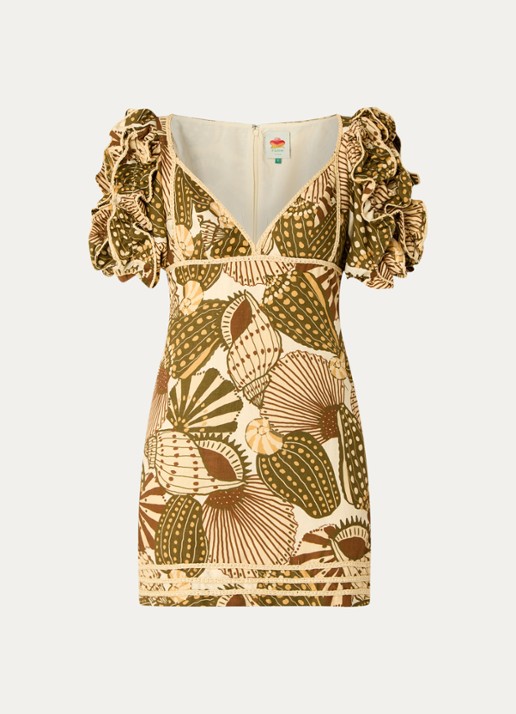 Farm Rio Mini tuniekjurk in linnenblend met print - voorkant lichtgeel