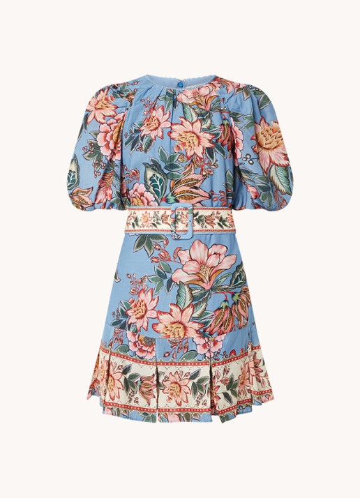 Farm Rio Mini tuniekjurk met bloemenprint en ceintuur - voorkant 4 staalblauw