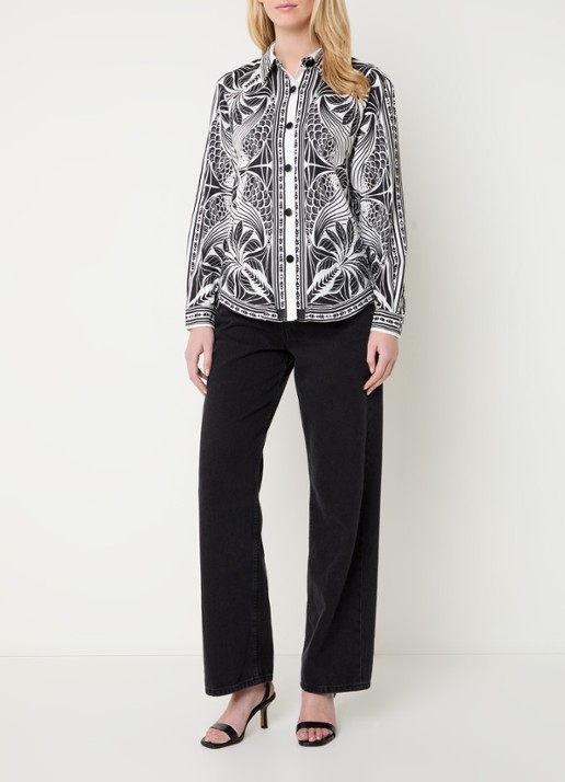 Farm Rio Monochrome blouse in linnenblend met bladprint - voorkant 2 wit
