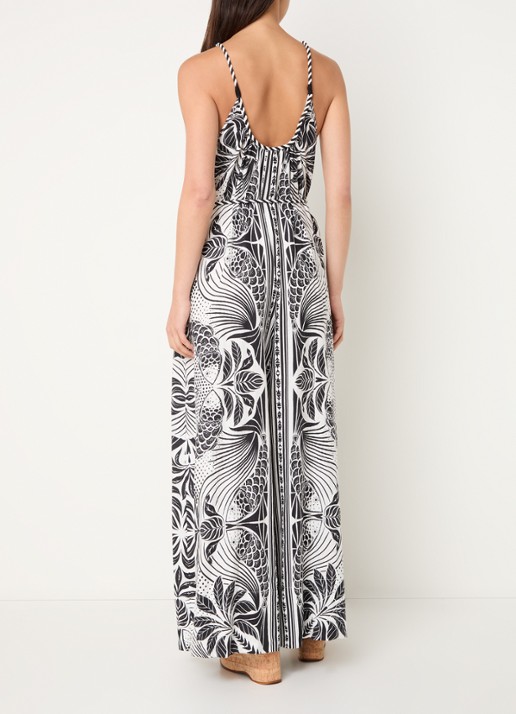 Farm Rio Monochrome wide fit jumpsuit in linnenblend met print - achterkant gebroken wit