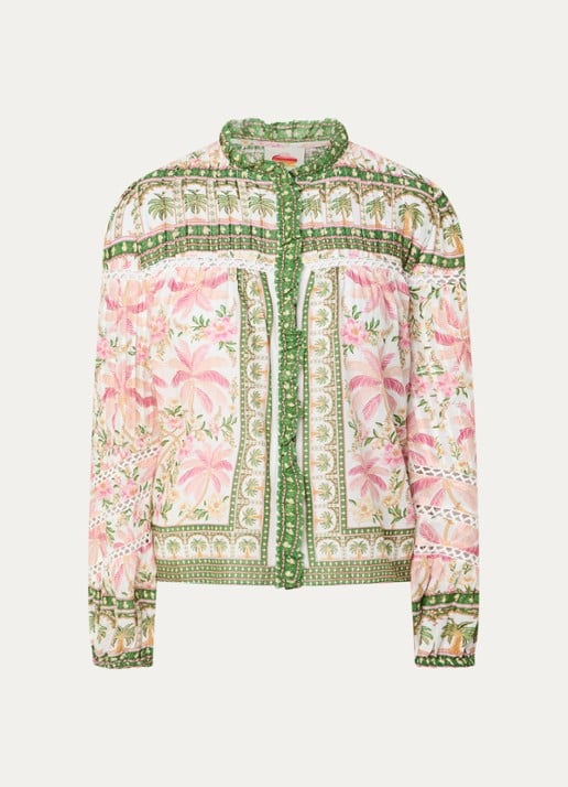 Farm Rio Palm Dream blouse met opengewerkt dessin en print - voorkant 3 donkergroen