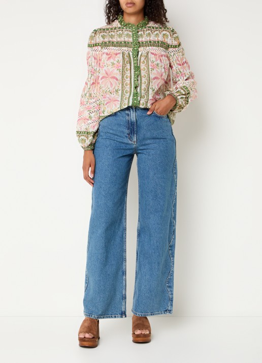 Farm Rio Palm Dream blouse met opengewerkt dessin en print - voorkant 4 donkergroen