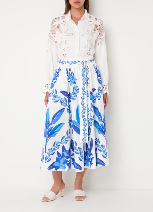 Farm Rio Palms Richelieu blouse van linnen met borduring en opengewerkt detail - voorkant 2 gebroken wit