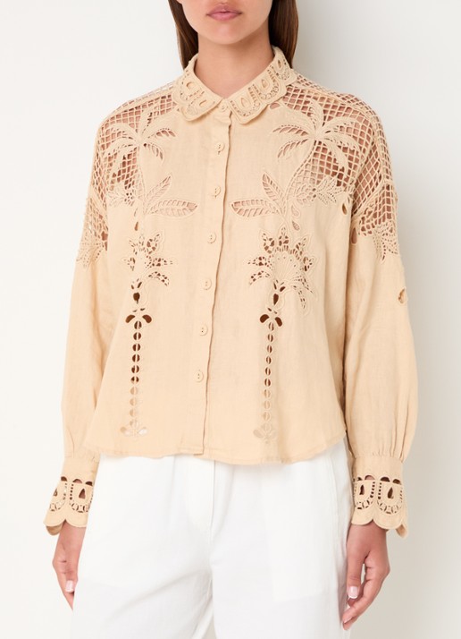 Farm Rio Palms Richelieu blouse van linnen met borduring en opengewerkt detail