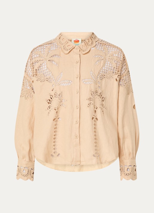 Farm Rio Palms Richelieu blouse van linnen met borduring en opengewerkt detail - voorkant 3 zand