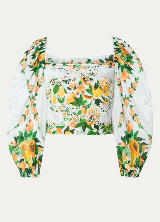 Farm Rio Papaya Salad crop top met print en opengewerkt dessin - voorkant gebroken wit