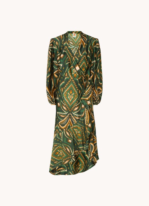 Farm Rio Pineapple midi wikkeljurk met print en asymmetrische zoom - voorkant 2 donkergroen
