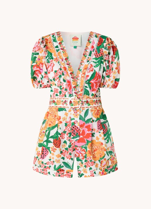 Farm Rio Playsuit met bloemenprint en ceintuur  - voorkant 4 oranje