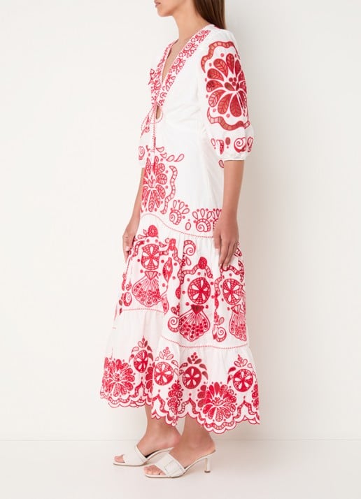 Farm Rio Richelieu midi jurk met broderie en V-hals - voorkant 4 rood