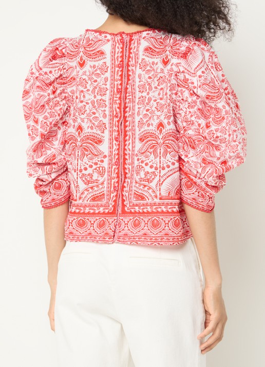 Farm Rio River Ride blouse met print en pofmouw - achterkant 3 rood