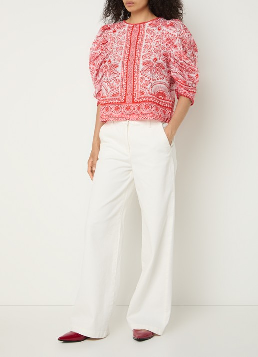 Farm Rio River Ride blouse met print en pofmouw - voorkant 2 rood