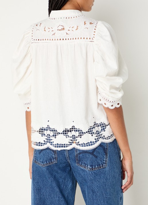 Farm Rio Romantic Richellieu blouse in linnenblend met broderie en pofmouw - achterkant 3 gebroken wit