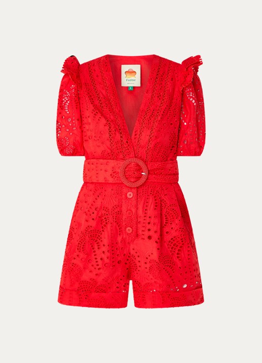 Farm Rio Straight fit playsuit met broderie en ceintuur - voorkant rood