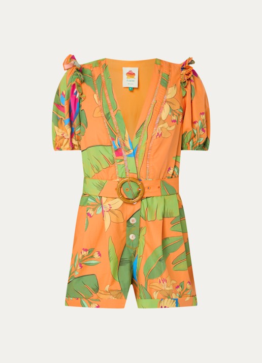 Farm Rio Straight fit playsuit met strikceintuur en opengewerkt detail - voorkant oranje