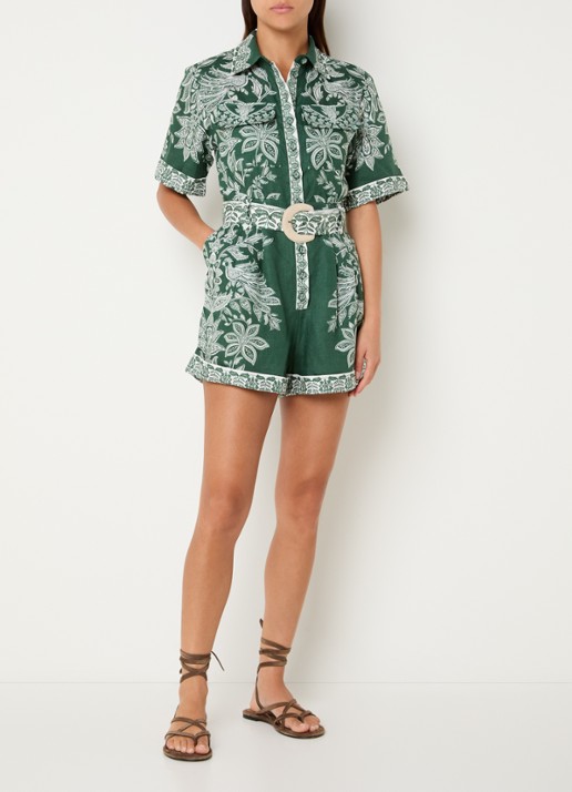 Farm Rio Straight fit playsuit van linnen met paisley dessin - voorkant 2 groen