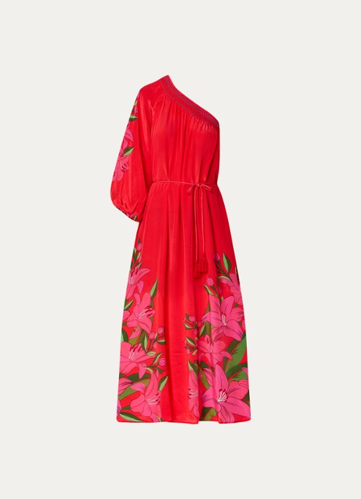 Farm Rio Summer maxi one shoulder jurk met bloemenprint - voorkant 2 koraalrood