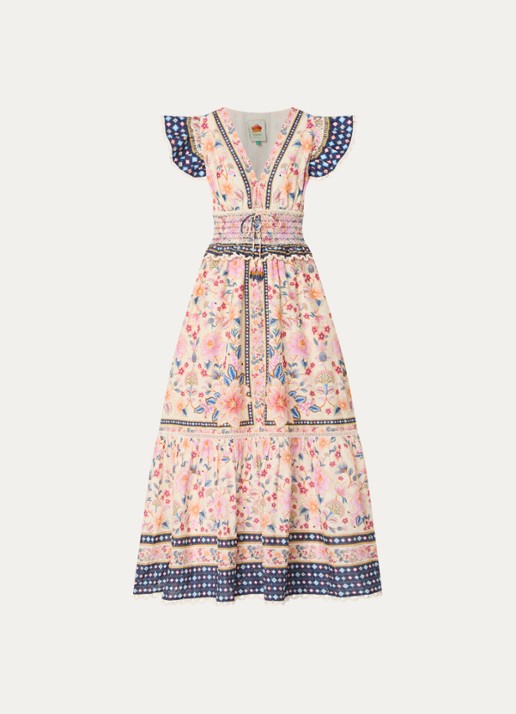 Farm Rio Superbloom midi jurk met bloemenprint en smockwerk - voorkant 2 roze