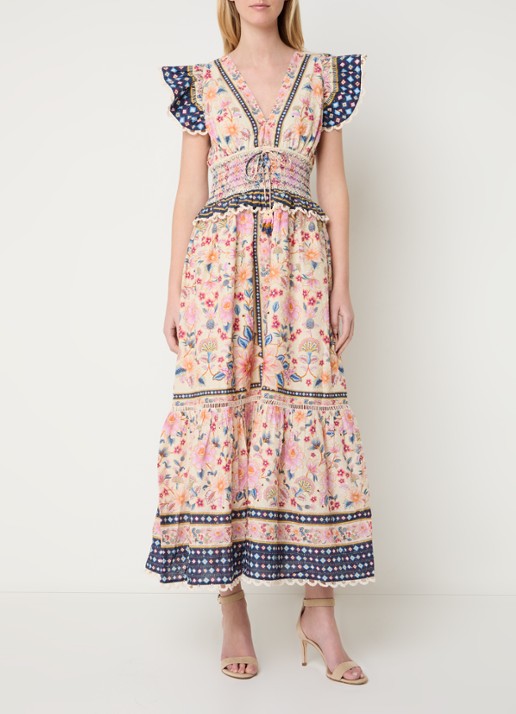 Farm Rio Superbloom midi jurk met bloemenprint en smockwerk - voorkant 3 roze