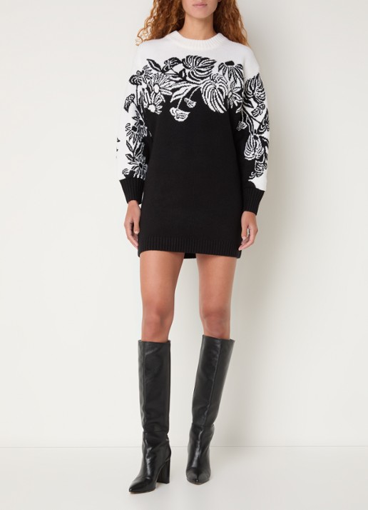 Farm Rio Surreal fijngebreide mini trui-jurk met ingebreid patroon - voorkant 3 zwart