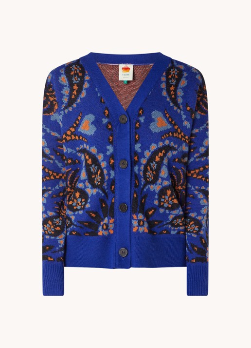 Farm Rio Toucan fijngebreid vest met bloemenprint in wolblend - voorkant blauw