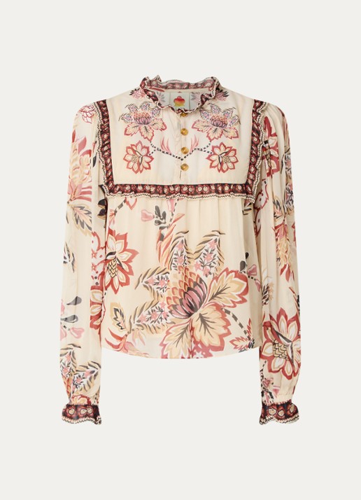 Farm Rio Tuniek met bloemenprint en ballonmouw - voorkant beige