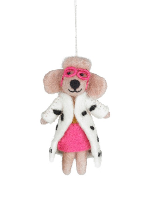 Felt So Good Dellie the Fashion Poodle kersthanger 13 cm - voorkant 3 roze