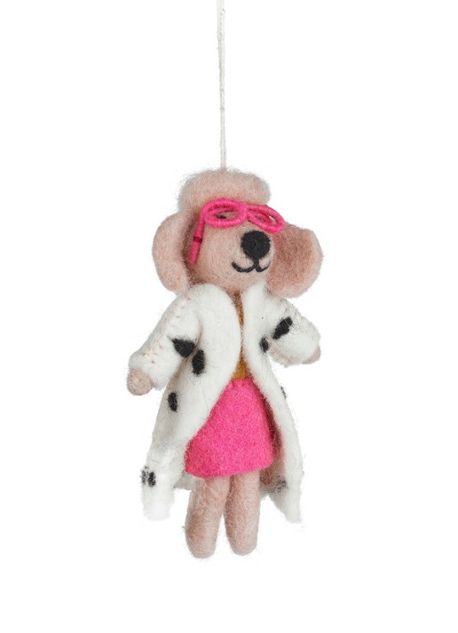 Felt So Good Dellie the Fashion Poodle kersthanger 13 cm - voorkant 4 roze