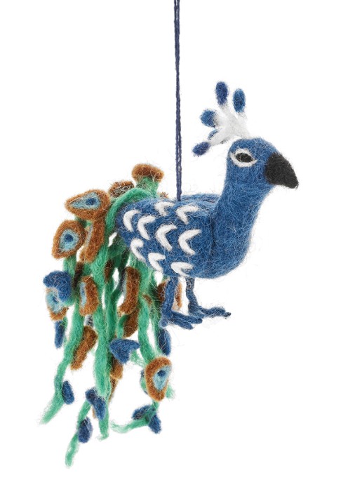 Felt So Good Pablo the Peacock kersthanger 11 cm - voorkant blauw