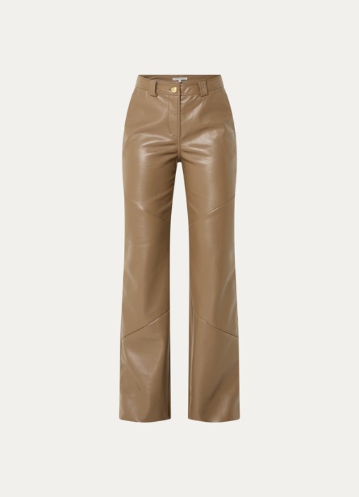 Fifth House Jessy high waist wide fit broek van imitatieleer met steekzakken - voorkant beige