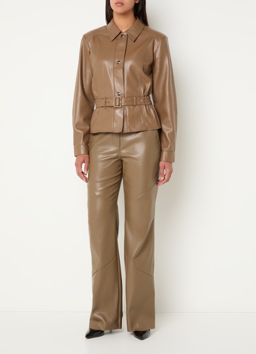 Fifth House Jessy high waist wide fit broek van imitatieleer met steekzakken - voorkant 2 beige