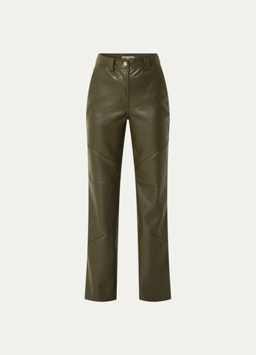 Fifth House Jessy high waist wide fit broek van imitatieleer met steekzakken - voorkant donkergroen
