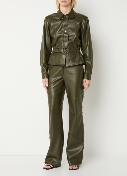 Fifth House Jessy high waist wide fit broek van imitatieleer met steekzakken - voorkant 2 donkergroen