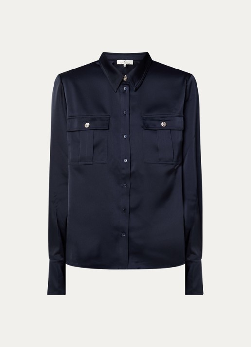 Fifth House Lora blouse van satijn met klepzakken - voorkant 2 donkerblauw
