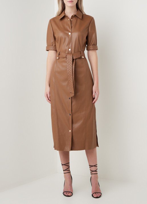 Fifth House Mac midi blousejurk van imitatieleer - voorkant 3 bruin