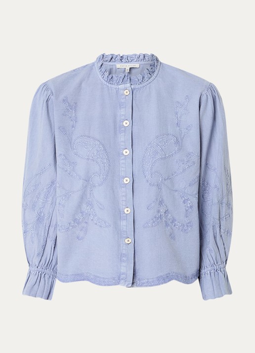 Fifth House Naomi blouse in linnenblend met borduring - voorkant 2 staalblauw