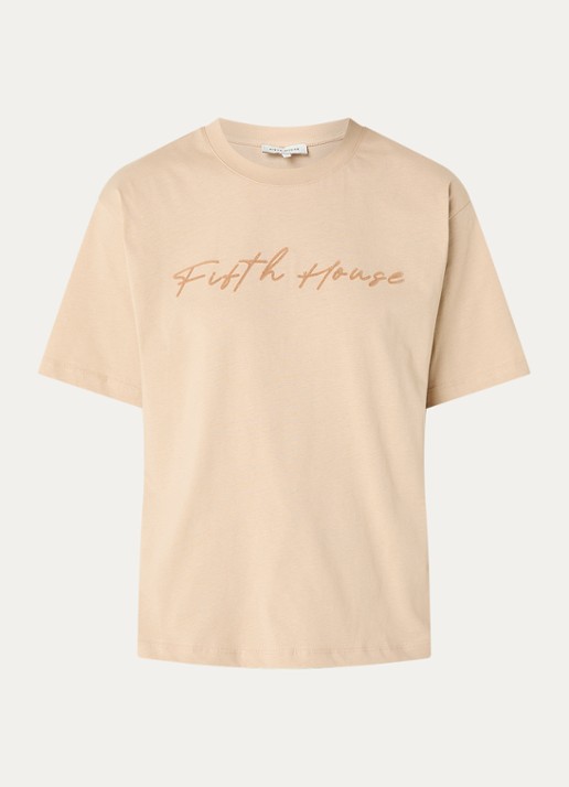 Fifth House Odilla T-shirt met flock logoprint - voorkant beige