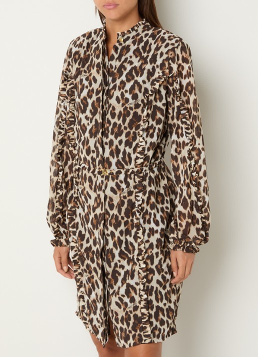 Fifth House Palesa mini blouse jurk met panterprint en volant  - detail 4 bruin