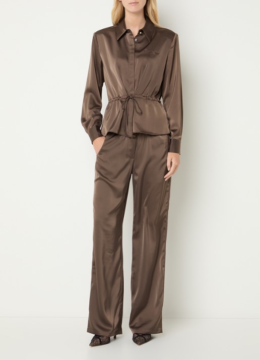 Fifth House Pomeline high waist straight fit pantalon van satijn - voorkant 3 bruin