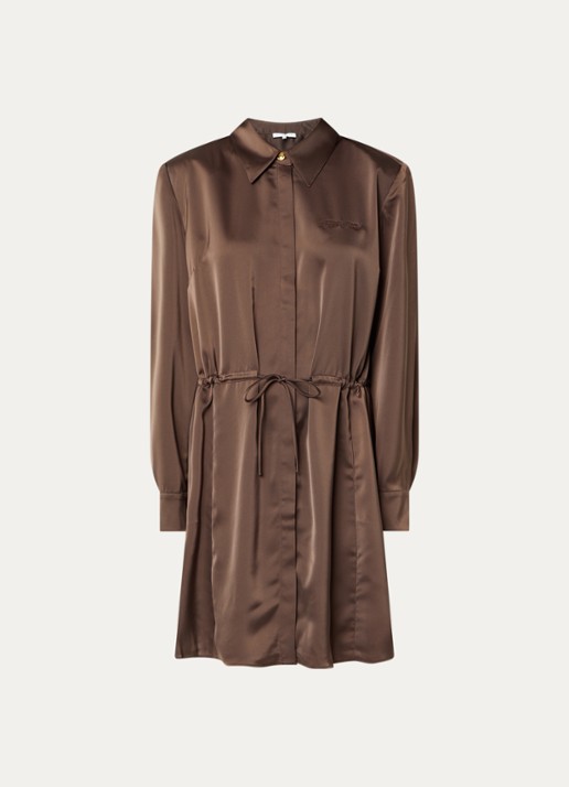 Fifth House Pomeline mini blousejurk van satijn - voorkant donkerbruin