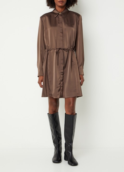 Fifth House Pomeline mini blousejurk van satijn - voorkant 2 donkerbruin