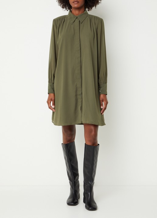 Fifth House Poppy midi blousejurk met strikceintuur - voorkant 4 bronsgroen