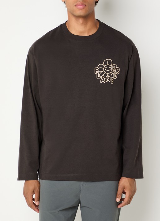 FLÂNEUR Happy Flower longsleeve met logo- en backprint - achterkant bruin