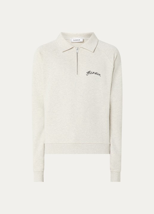 FLÂNEUR Raglan trui met halve rits en logoborduring - voorkant lichtgrijs